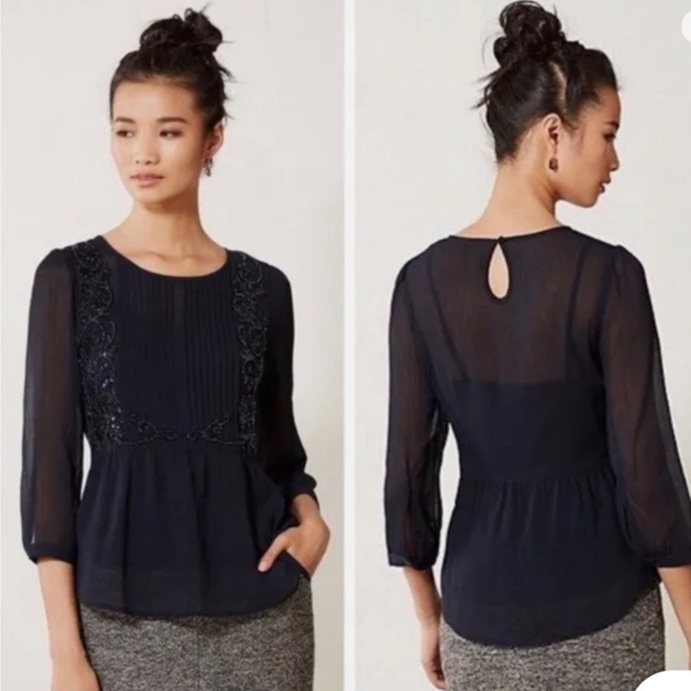 ANTHROPOLOGIE MAEVE HELENE SHEER SEQUIN PEPLUM TOP